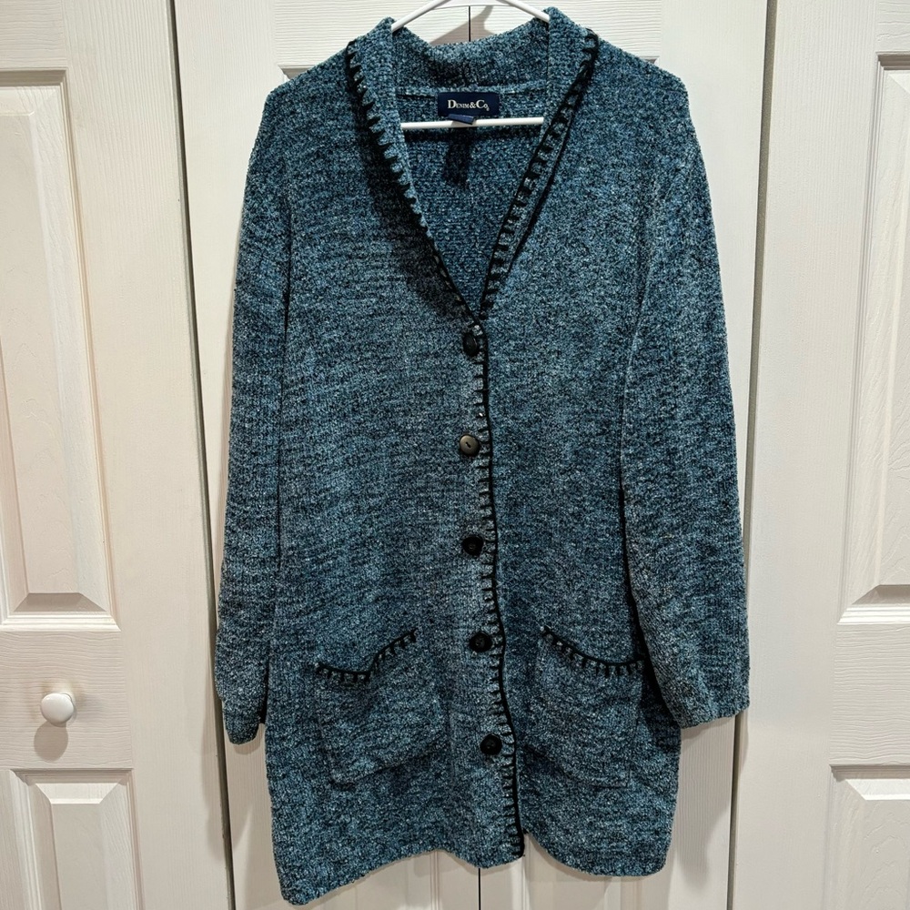 DENIM&CO Women’s Long Warm Knit Button Down Cardigan w/ Pockets - blue, size M